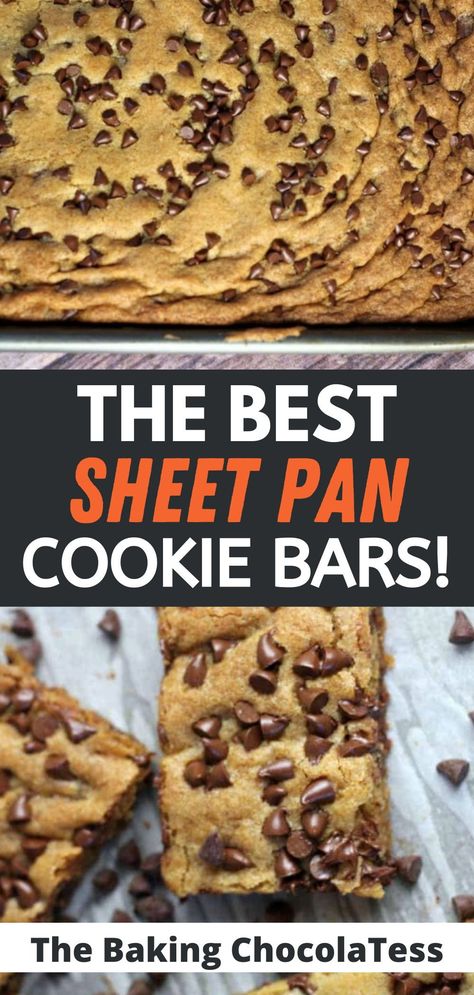 Looking for the best recipe for sheet pan cookies? Well it's here! This easy cookies bar recipe makes perfect sheet pan cookies every time meaning you can have yummy choc chip cookie bars on demand! Melt in your mouth, addictive chocolate chip cookies are a hit at every family gathering so I know you won't be disappointed. This recipe will show you how to make chocolate chip cookie bars, then add different flavors to mix it up! Choc Chip Cookie Bars, Sheet Pan Cookie Bars, Sheet Pan Cookies, Oatmeal Cookie Bars Recipes, Chocolate Chip Pan Cookies, Chocolate Chip Cookie Bar Recipe, Oatmeal Chocolate Chip Bars, Oatmeal Cookie Bars, Pan Cookies