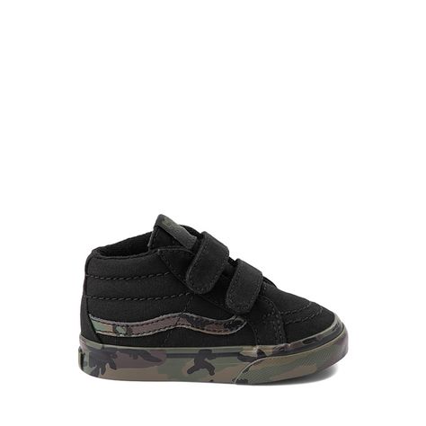 Vans Sk8-Mid Reissue V Skate Shoe - Baby / Toddler - Black / Camo | Journeys Vans Sk8 Mid, Baby Clothes Country, Vans Skate Shoes, Baby Vans, Stylish Baby Clothes, Boys Vans, Backpacks For Men, Shoe Size Chart Kids, Vans Store