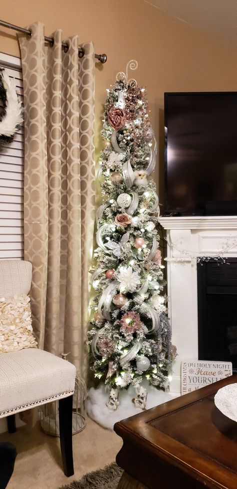 5ft Slim Christmas Tree, Half Tree Christmas, Pencil Xmas Tree Decor, Elegant Pencil Christmas Tree, Ultra Slim Christmas Tree Decorated, Decorating Pencil Trees For Christmas, Narrow Christmas Trees, Small Pencil Tree Decorating Ideas, Ribbon On Slim Christmas Tree