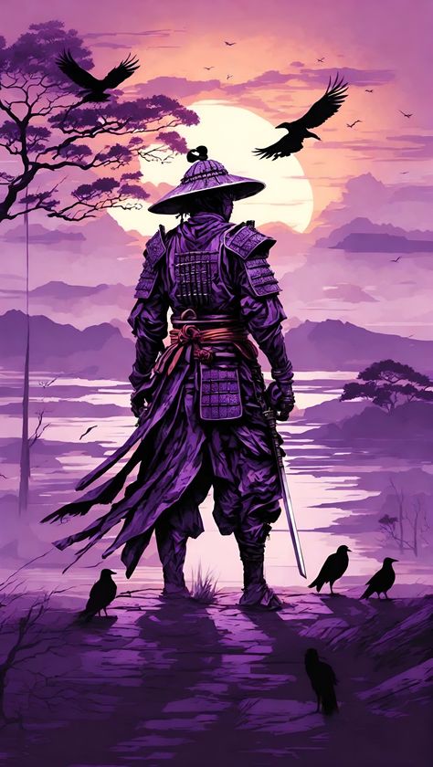 samurai viewing sunset very detailed Guerriero Samurai, Ronin Samurai, Samurai Illustration, Japanese Art Samurai, Samurai Wallpaper, Samurai Artwork, Arte 8 Bits, Japanese Art Prints, Purple Sunset