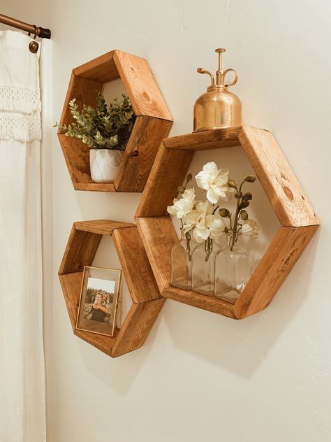 3 Hexagon Shelves Decor, Hexagon Shelf Bathroom, Decorating Hexagon Shelves, How To Decorate Hexagon Shelves, Hexagon Shelf Decor Living Rooms, Hexagon Bathroom Shelves, Bathroom Hexagon Shelves, Hexagonal Shelves Decor, Hexagon Shelves Bathroom