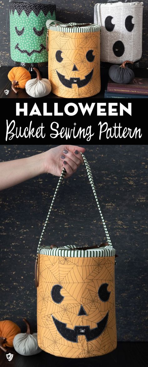 Make cute DIY Halloween Buckets perfect for Trick or Treating with this sewing pattern. DIY Trick or Treat Bags & Halloween decor ideas. #sewing #halloween #halloweenbucket Sew Halloween Treat Bags, Expandable Bag Pattern, Diy Halloween Buckets, Hexagon Quilt Tutorial, Halloween Sewing Patterns, Sewing Halloween, Basket Sewing Pattern, Trick Or Treat Bucket, Dulces Halloween