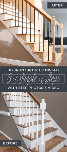 DIY Wrought Iron Baluster (Stair Spindle) Install with Step Photos and How To Video. How to install iron stair balusters in 8 simple steps - it's easy! Diy Iron Balusters, Wrought Iron Stair Balusters, Replacing Stair Balusters, How To Install Railing On Stairs, Stair Spindle Ideas, Bannister Ideas, Wrought Iron Stair Spindles, Banister Ideas, Iron Stair Balusters