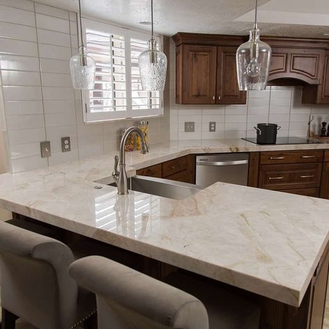 Taj Mahal Satin Quartzite Slabs | Arizona Tile Taj Mahal Quartzite Kitchen, Quartzite Countertops Kitchen, Taj Mahal Quartzite Countertops, Quartzite Kitchen, Kitchen Slab, Taj Mahal Quartzite, Arizona Tile, Brown Cabinets, Maple Cabinets