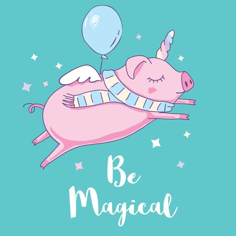 Cartoon Wings, Cartoon Llama, Flying Pigs, Unicorn Party Invites, Pig Illustration, Unicorn Drawing, Happy Birthday Text, Unicorn Card, Star Illustration