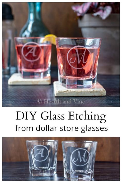 Monogram Etched Glass Ideas, Diy Whiskey Glass Etching, How To Etch Glass With A Dremel, Dremel Glass Etching, Etched Drinking Glass Ideas, Glass Etching Gift Ideas, How To Etch Glass With Cricut, Diy Etched Glassware, Etched Glass Ideas