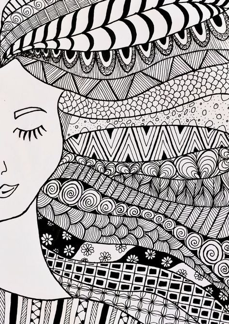 Zantangle Art Artwork Easy, Zentangle Artwork Creative, Zantangle Art Artwork, Zentagle Drawing Ideas, Zentangle Art Easy, Unique Zentangle Drawings, Easy Zentangle Art, Lady Sketch, Line Art Lesson