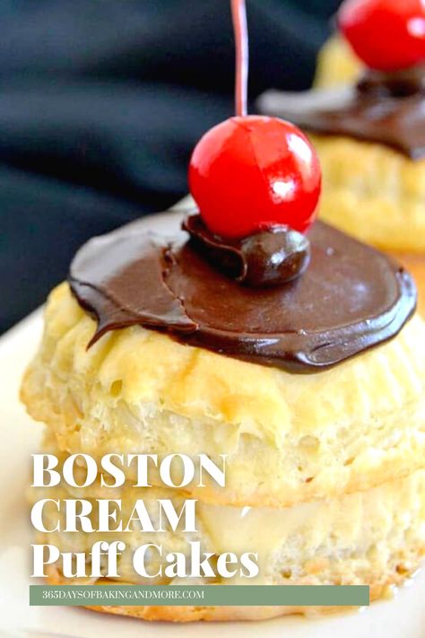 These Boston Cream Puff Cakes are a fun and easy twist on the popular Boston Cream Pie. Rounds of ready-made puff pastry rounds are filled with vanilla cream, topped with chocolate ganache, and a cherry! Cream Puff Cakes, Pepperidge Farm Puff Pastry, Puff Pastry Filling, Boston Cream Pie, Boston Cream, Pepperidge Farm, Cream Puff, Ice Cream Desserts, Cream Puffs