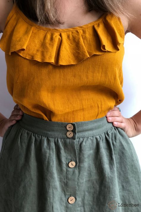 Linen Tops Women Summer Outfits, Linen Skirt Midi, Linen Tops, Midi Skirt With Pockets, Linen Top Women, Linen Shirts Women, Tailored Clothes, Linen Dress Women, Skirt With Buttons