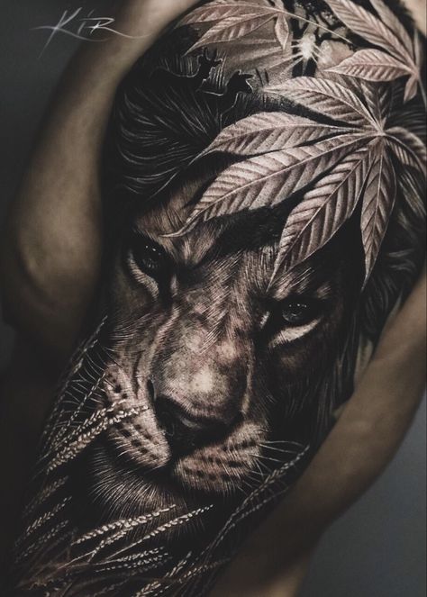 Sleeve Tattoos Lion, African Sleeve Tattoo, Voll Arm-tattoos, Lion Shoulder Tattoo, Tattoos Lion, Lion Forearm Tattoos, Jungle Tattoo, Animal Tattoos For Men, Animal Sleeve Tattoo