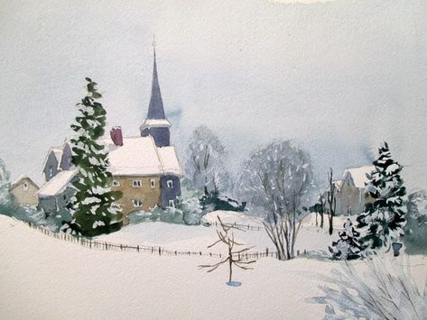 laura's watercolors: winter scene Watercolour Snow, Christmas Card Tutorials, Snow Landscape, Winter Landscape Painting, Painting Snow, Winter Watercolor, Watercolor Pictures, Watercolor Christmas Cards, Loose Watercolor