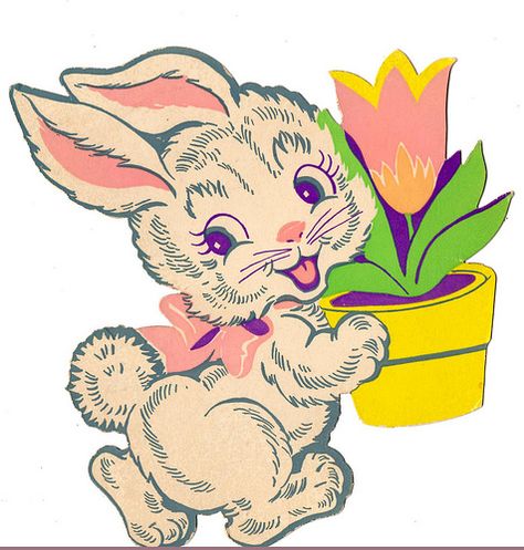 Rabbit with flower pot Somebunny Loves You, Easter Graphics, Vintage Easter Cards, Vintage Holiday Cards, Easter Illustration, Easter Postcards, Easter Goodies, Easter Prints, Easter Images