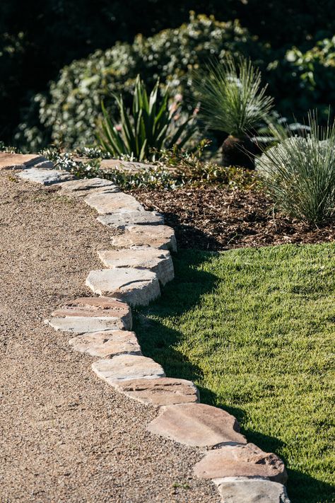 Coolamon House Path Through Lawn, Stone Path On Hill, Natural Property Border, Gravel Driveway On A Hill, Coolamon House, Gravel Path With Stone Edging, Australian Native Sloped Garden, Backyard Path, Stone Edge