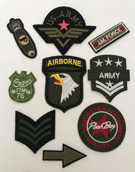 New Army Military Patch Applique Badges. Please read the full description for approx measurement, prior to purchasing the item. You will receive 9 piece set of Army Military Patches as below: 1 x Posh Boy                            Measurement approx: 6.5cm diameter (circle) 1 x Airbourne with Eagle       Measurement approx: W - 6.5cm x H - 8.5cm 1 x Arrow                                  Measurement approx: W - 6cm x H 3cm 1 x Submarine                         Measurement approx: W - 7.3cm x H Us Army Badges, Army Badges, Us Army Patches, Airborne Army, Oc Board, Army Patches, Patch Applique, Military Patches, Art Merchandise