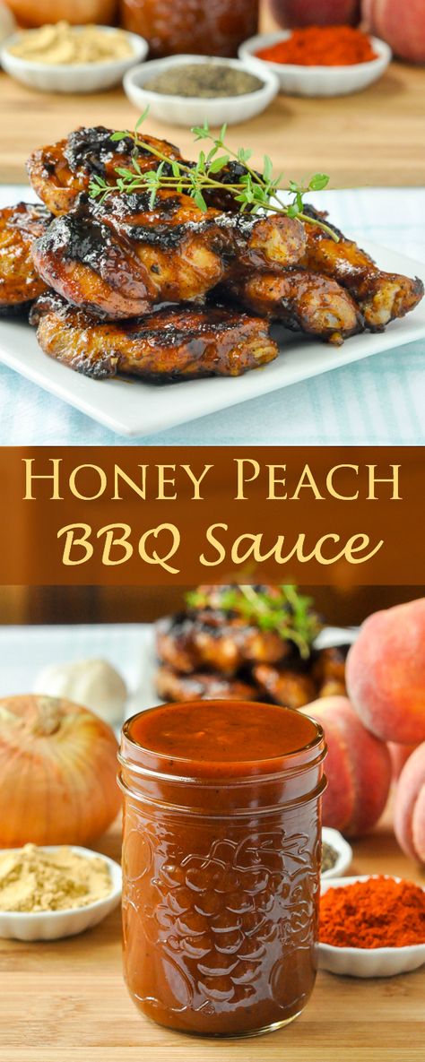 Honey Peach BBQ Sauce - brings the flavour of summer's sweetest fruit to a tangy… Peach Bbq, Grilled Wings, Tangy Bbq Sauce, Marinade Sauce, Bbq Sauce Recipe, Peach Recipe, Food Blogs, Homemade Sauce, Barbecue Sauce