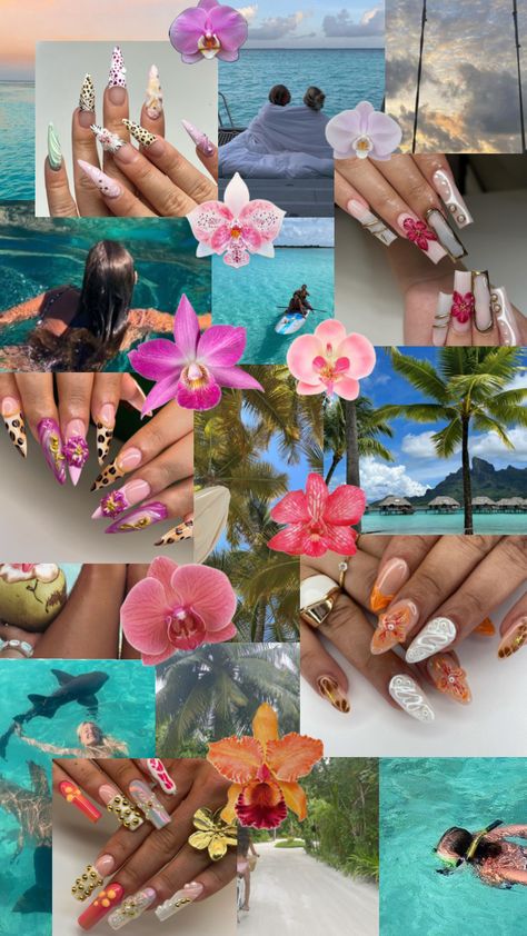 Nail inspo • • • • #wallpaper #aesthetic #explore #fyp #vintage #vintagewallpaper Tropical Nails Aesthetic, Nail Collage Wallpaper, Nail Mood Board, Inspo Wallpaper Aesthetic, Nail Art Designs Heart, Heart Nail Art Tutorial, Nails Inspo 2023, Summer Collages, Nails Wallpaper