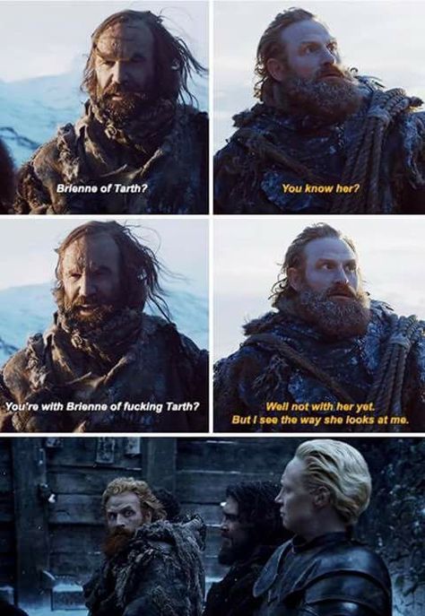 Game of Thrones Tormund And Brienne, Lady Brienne, Brienne Of Tarth, Game Of Thrones Books, Fire Book, Game Of Thrones Funny, Got Memes, Gra O Tron, Me Me