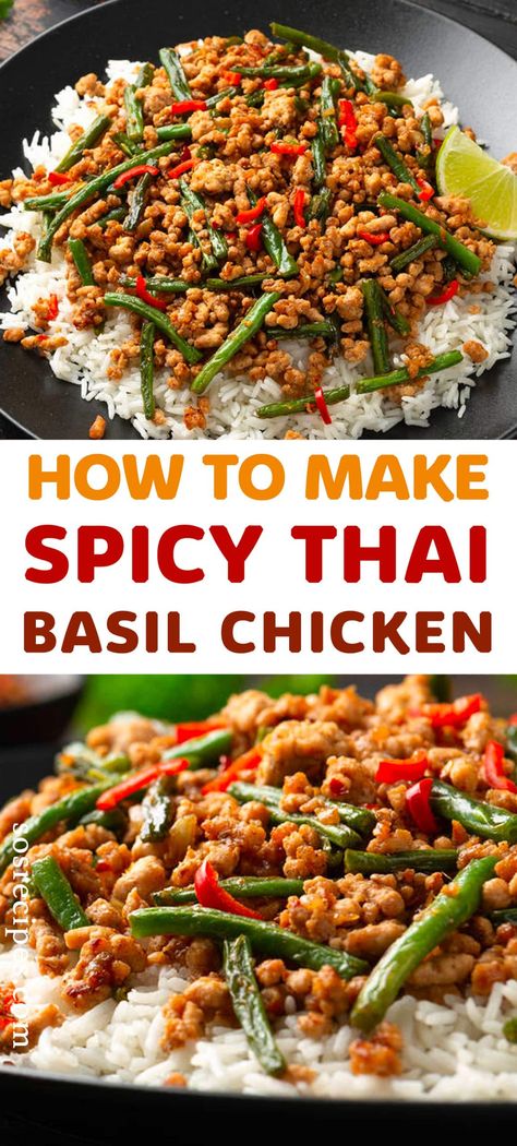 Similarly to Thai basil stir fry, a wok or a really hot frying pan is needed to achieve this succulent spicy thai basil chicken, which only takes you 10 minutes. Spicy Thai Basil Chicken, Chicken Basil Recipes, Thai Basil Recipes, Thai Basil Chicken Recipe, Pad Kra Pao, Basil Chicken Recipe, Thai Chicken Recipes, Thai Basil Chicken, Thai Rice