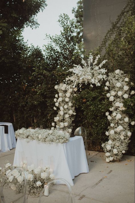 Baby's Breath Sweetheart Table, Baby’s Breath Wedding Centerpiece, Centerpieces Wedding White, White Roses And Babysbreath, White Roses Wedding Centerpieces, Baby's Breath Centerpieces, Wedding Entry Table, Baby Breath Wedding, White Rose Centerpieces