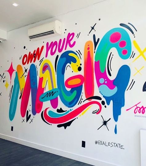 art illustration Jason NAYLOR jasonnaylor jnay NAYLOR OWN YOUR MAGIC!  Mural at @brokeragegroup in #gowanus Brooklyn! This is the second wall Ive painted on white this week LOL. People (clients) often ask if my art can live on white and I usually say no because it is just so much punchier and brighter on black. But this still came of pretty bright and magical IMHO.  And theres nothing better than a little magic in our lives so thanks @gabrielafalquez for the love and the wall!  Art by Jason Nayl Type Mural Design, Word Mural, Gowanus Brooklyn, Type Mural, Wall Mural Typography, House Graffiti Wall Art, Jason Naylor, Office Wall Design, School Wall Art