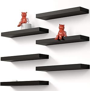 Boswillon Black Floating Shelves Set of 6, Wall Mounted Small Shelves for Room, Modern Hanging Shelves for Wall Decor, Display Wall Storage Shelves for Living Room, Bedroom, Bathroom, Kitchen - Black Black Wall Shelves, Wood Floating Shelf, Wall Storage Shelves, Black Floating Shelves, Black Shelves, Wood Floating Shelves, Nursery Furniture Sets, Small Shelves, Bedroom Furniture For Sale