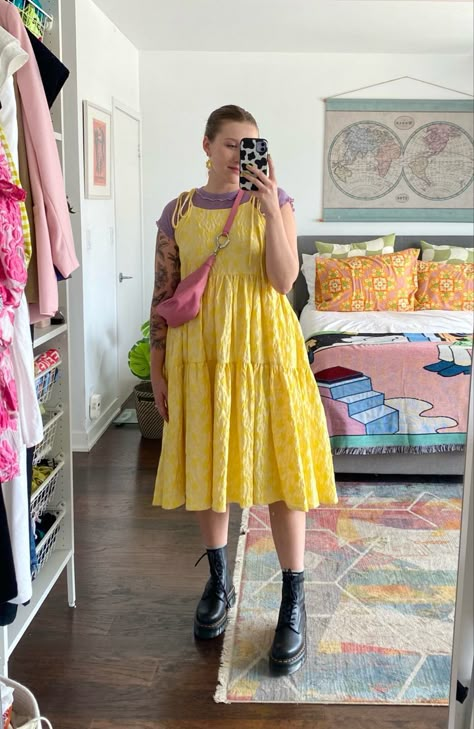 pastel and dr martens aesthetic Eclectic Outfits Plus Size, Plus Indie Dress, Dress And Docs, Mid Size Maximalist Fashion, Indie Maxi Skirt Outfit, Thrifted Floral Dress, Summer Plus Size Outfits 2023, Dr Martens Aesthetic, Yellow Babydoll Dress