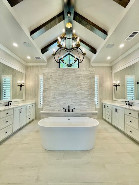 Dream Master Bath Luxe, Dream His And Her Bathroom, Bathroom With High Ceilings, Large Master Bath Ideas Layout, Amazing Bathrooms Master Baths, Barndominium Bathrooms, Large Master Bath Ideas, Luxury Bathroom Ideas Master Suite, Dream Bathrooms Luxury Master Bath