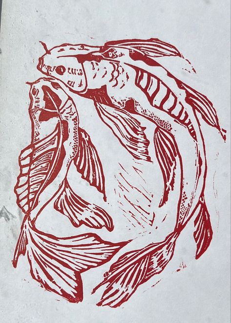 Japanese Lino Print, Relief Printmaking Ideas, Koi Fish Linocut, Linocut Style Tattoo, Koi Linocut, Carp Fish Drawing, Animal Linocut, Fish Printmaking, Fish Linocut