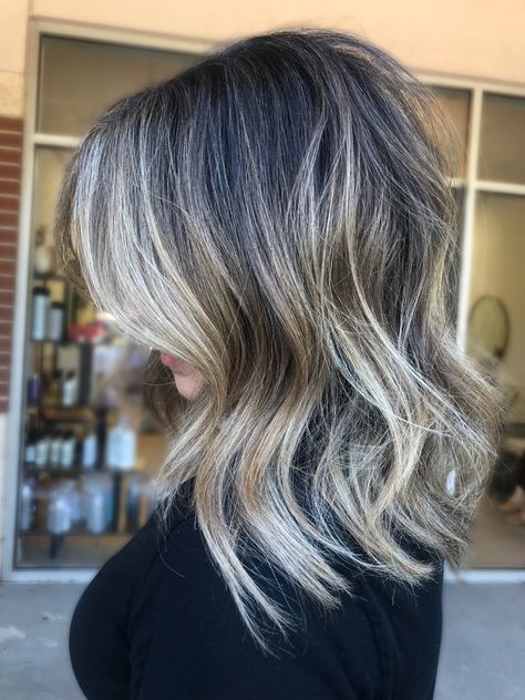 Grey Blending On Dark Hair, Demi Grey Blending Brunette, Gray Hair Ombre, Blonde Hair Fair Skin, Gray Blending, Grey Blending, Graying Hair, Grey Ombre Hair, Grey Hair Coverage