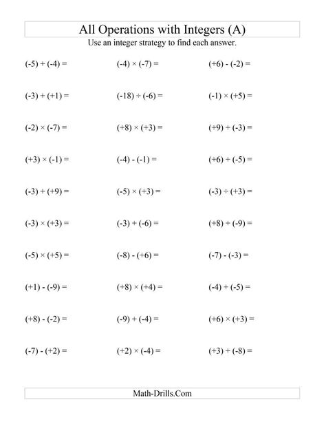 The All Operations with Integers (Range -9 to 9) with All Integers in Parentheses (A) Math Worksheet Adding Integers Worksheet, Operations With Integers, Subtracting Integers Worksheet, Teaching Integers, Multiplying Integers, Negative Numbers Worksheet, Adding Integers, Math Integers, Adding And Subtracting Integers