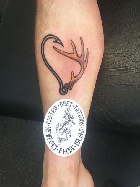 Custom Tattoo for my friend Andy, fishhook and deer antler #fish #antlers #hunting #fishing #tattoos #traditionaltattoo #tattoo #tattoos #TattoosByCaptainBret #NewportTattoo #NewportRI #Newport #RI #tattooshop #tattoostudio #RhodeIsland #swag #art #dope #family #sick #urban #street #rhodeislandtattoo #dopeart #besttattoo #artistic Shed Antler Tattoo, Fishhook Tattoo, Hunting And Fishing Tattoos, Hunting Tattoos For Guys, Deer Antler Tattoos, Bow Hunting Tattoos, Antler Drawing, Buck Tattoo, Hunting Fishing Tattoo