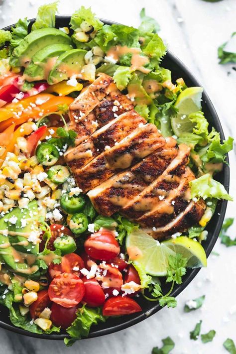 Fiesta Lime Chicken Salad with Chipotle Dressing | Creme De La Crumb Big Salad Recipes Healthy, Chicken Salad Aesthetic, Salad Boards, Fiesta Salad Recipe, Carbless Meals, Lime Chicken Salad, Aesthetic Salad, Creamy Chipotle Dressing, Grilled Chicken Dinner