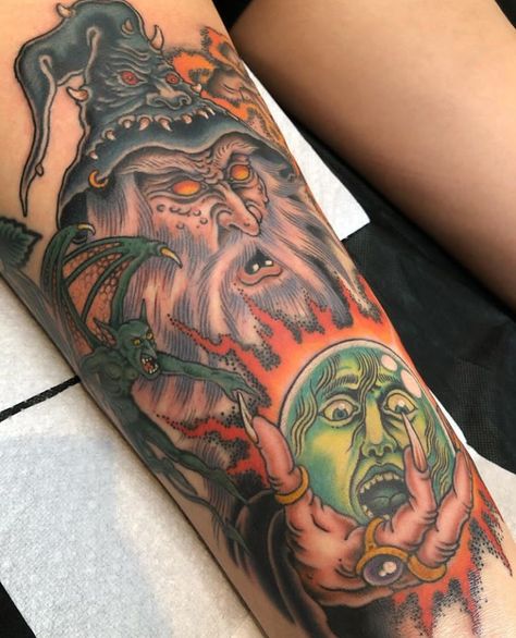 Wizard Tattoo Sleeve, Evil Wizard Tattoo, Dark Wizard Tattoo, Wizard Tattoo For Men, Traditional Backpiece Tattoo, Dark American Traditional Tattoo, Sorcerer Tattoo, Traditional Wizard Tattoo, Wizard Tattoo Design