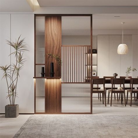 Foyer Partition Design, Divider Between Kitchen And Living Room, Foyer Partition Ideas, Glass Divider Wall Living Rooms, Foyer Divider, Kitchen And Dining Partition, Glass Partition Designs Living Rooms, Living Room And Dining Room Divider, Kitchen Living Room Divider