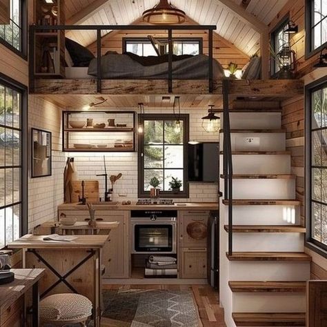 Tiny Home Cottagecore, Small Apartment Exterior Design, Tiny Home Cabins, Tiny Two Story House, Western Tiny House, House Loft Design, Tiny Home With Loft, Tiny House Design Small Cottages, Tiny Shed House