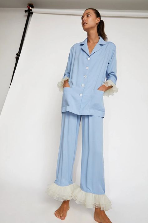 Sleeper Arlekino Pajama Set in Blue | 3 Fashion Quotes Pink, Daily Sleeper, Sleeper Pajamas, Luxury Nightwear, Evening Hairstyles, Night Suit, Sleep And Loungewear, Button Up Top, Fashion Quotes