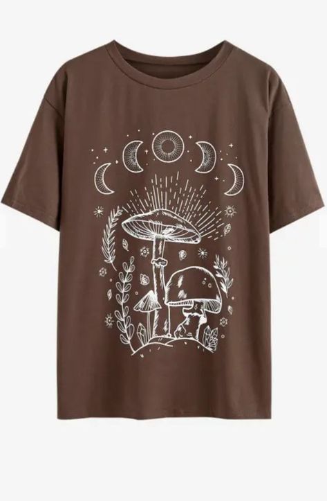 Graphic T-shirt with Mushrooms and Moon Graphic Tee in Coffee | Sponsored Galaxy Mushroom, Dark Academia Cottagecore, Mushroom T Shirt, Goblincore Aesthetic, Moon Graphic Tee, Mushroom Plant, Cottagecore Mushroom, Aesthetic Dark Academia, Moon Graphic