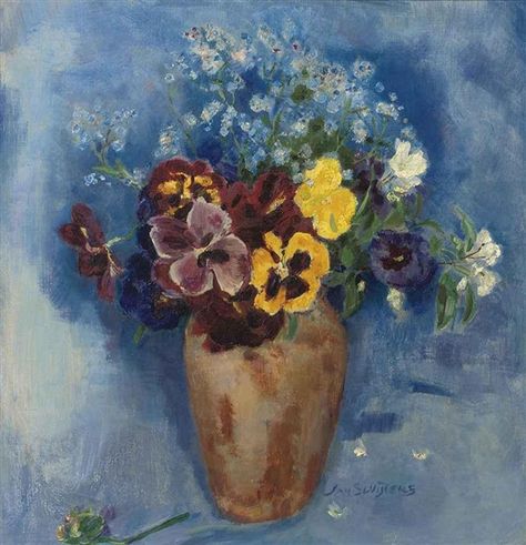 Jan Sluijters - Violets and forget-me-nots in a... Blue Vase With Flowers, Flowers In Vase Painting, Vase Painting, Vase With Flowers, Van Gogh Sunflowers, Flowers In Vase, Yellow Vase, Flowers In A Vase, Dutch Painters