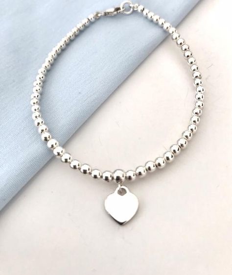 Sterling silver ball bracelet. Hand strung on jewellers | Etsy Beaded Ball, Silver Heart Bracelet, Bracelet Heart, Ball Bracelet, Charm It, Beading Wire, Bracelet Sterling Silver, I Will Be Happy, Photo Bracelet