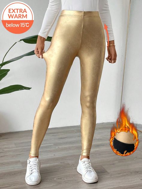 High-Waisted Fashion Gold Coated Leggings For Women Gold Casual   Knitted Fabric Plain Regular Medium Stretch  Women Clothing, size features are:Bust: ,Length: ,Sleeve Length: Cheap Stretch Legwear For Party, Cheap Stretch Leggings For Clubwear, Tan Liquid Leggings, Shiney Leggings, Coated Leggings, Gold Leggings, Thick Tights, Windproof Jacket, Warm Leggings