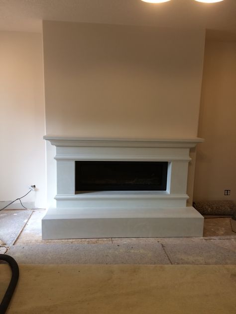 Traditional Style Mantel for Linear Fireplace Insert #stonemountaincastingsfavs Traditional Linear Fireplace, Linear Fireplace Surround Ideas, Linear Fireplace Surround, Short Fireplace, Linear Fireplace With Mantle, Horizontal Fireplace, Mantle Inspiration, Long Fireplace, Traditional Family Rooms