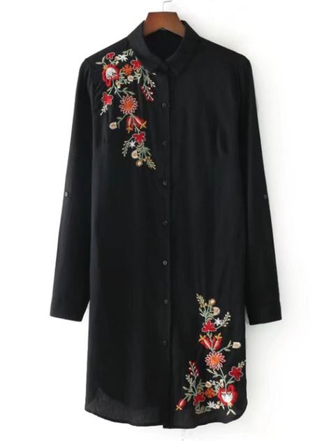 Shop Embroidery Detail Dolphin Hem Shirt Dress online. SheIn offers Embroidery Detail Dolphin Hem Shirt Dress & more to fit your fashionable needs. Women Shirt Designs, Floral Embroidery Dress, Partywear Dresses, Hand Embroidery Dress, Embroidered Coat, Simple Pakistani Dresses, Dresses For Girls, Embroidery Suits, Embroidered Clothes