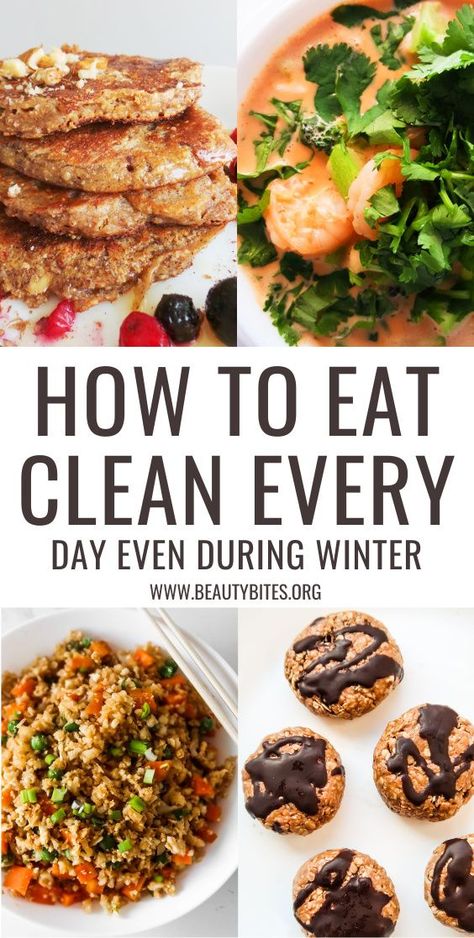 7-Day clean eating meal plan for winter with healthy winter recipes for breakfast, lunch and dinner! Eating healthy can be tough when the weather is cold, but you'll stay healthy with these clean eating meal ideas. There's also a grocery list and meal prep options! Clean Eating Meal Ideas, Healthy Winter Recipes, Healthy Winter Meals, Clean Eating For Beginners, Clean Eating Recipes For Dinner, Clean Eating Meal Plan, Recipes For Breakfast, Winter Recipes, Mediterranean Diet Recipes