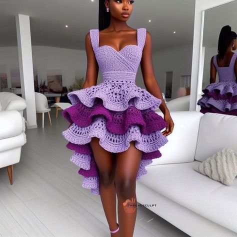 CROCHET PATTERNS AND INSPIRATION | Who knew lilac and green could be so lovely?!💯😍😍. WHAT I DO: 🌻Crafting Magic with AI: I create stunning crochet designs using AI… | Instagram Purple Crochet Dress, Crochet Gown Pattern, Crochet Designs Clothing, Crochet Prom Dresses, Lilac And Green, Crochet Wedding Dresses, Knit Gown, Best African Dresses, Mode Crochet