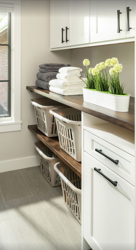 Adding Storage To Bathroom Vanity, Small Laundry Room Hanging Rack, Laundry Baskets In Closet, Laundry Room Built Ins Top Loader, Laundry Room Design With Pedestals, Diy Laundry Room Renovation, Utility Room Laundry Basket Storage, Mudroom Laundry Room Layout, Organization Laundry Room