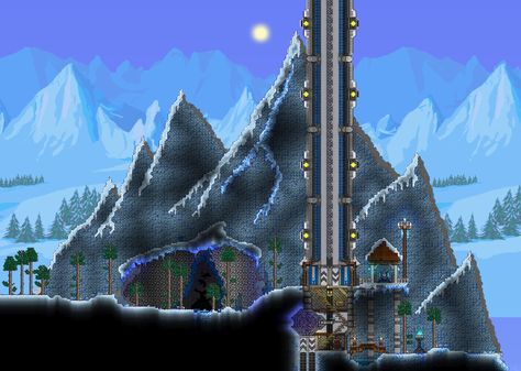 Terraria Mountain House, Terraria Snow Biome House, Terraria Castle, Terraria House Ideas, Terraria House Design, Terraria House, Terraria Builds, Ice Mountain, Snow House