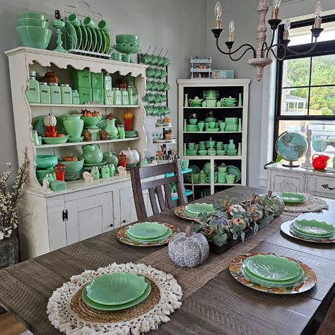 Ready for Fall 🍂 🍁 #fall #🍂 #pumpkins #tablescape #jadeiteandfall #mydiningroom #spice #canisters #mckeecanisters #myhome #mycollection #jadeite #jadite #fireking #mckee #jeannette #happystacks #photooftheday #instagood #instadaily #insta #instantcollection #instagram #smile #good #happy #love #family Decorating With Jadeite, Jadite Green, Mid Century Eclectic, Thanksgiving Table Settings, Fire King, Thanksgiving Table, Bohemian Decor, Tablescapes, Countertops