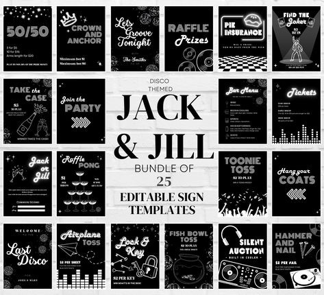 A "Jack and Jill" - or a "Stag and Doe" - is a party thrown for an engage couple to raise money for their future wedding plans.  It includes games, music, drinking and dancing, and of course decorations!  This editable sign bundle includes 25 templates to personalize your Jack and Jill and add a little more fun!  These signs include entrance signs, directional signs, a bar sign, ticket price signs, fund raising signs and game signs - keep reading for more details.   This bundle also includes game and fund raising instructions along with a complete checklist for everything you need to do before the big event! A lot of guest and a lot to do means a lot of information to share, so why not make it easy and created you own customized signs with this Jack and Jill editable sign bundle. PLEASE NO Stag And Doe Game, Jack And Jill Themes, Jack And Jill Games To Raise Money, Casino Theme Stag And Doe, Stag And Doe Ticket Packages, Stag And Doe Ticket, Stag And Doe Games, Silent Auction Bid Sheets, Game Signs