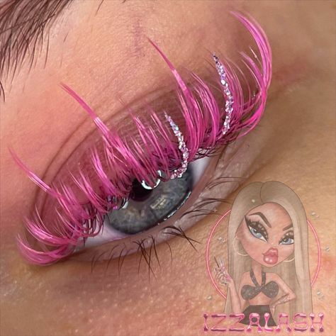 Pink Glitter Lashes, Custom Lash Strips, Lash Extensions Glitter, Red Lash Extensions, Coloured Lash Extensions, Pink Lash Extensions, Lashes With Glitter, Glitter Eyelash Extensions, Lash Decals