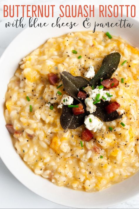 Creamy roasted butternut squash risotto with blue cheese and pancetta.  Comforting, easy to make and perfect for fall. #risotto #butternut #bluecheese Fall Risotto, Risotto Butternut, Panchetta Recipes, Butternut Risotto, Cheese Risotto, Mashed Butternut Squash, Crispy Pancetta, Creamy Butternut Squash, Winter Foods